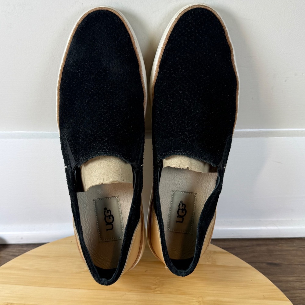 UGG Jass Slip On Sneakers Womens 8.5 Black Suede Tan Leather Good Condition - Picture 6 of 8
